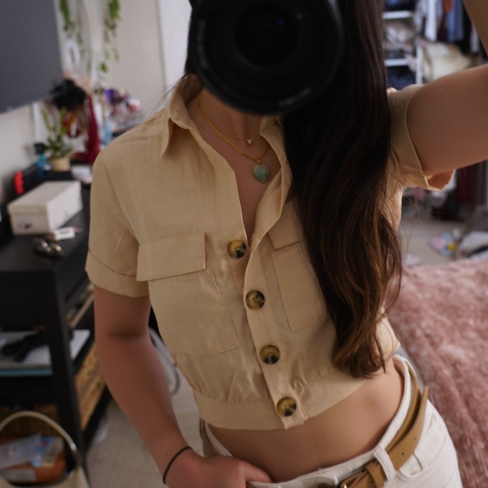 Bershka Tan Button Down Crop Top